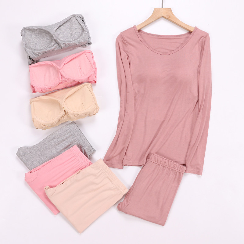 莫代尔长袖睡衣女春秋带胸垫宽松舒适打底紧身大码秋衣秋裤套装,女士内衣/男士内衣/家居服,保暖套装,淘宝优惠券,粉丝福利购,淘宝优惠卷