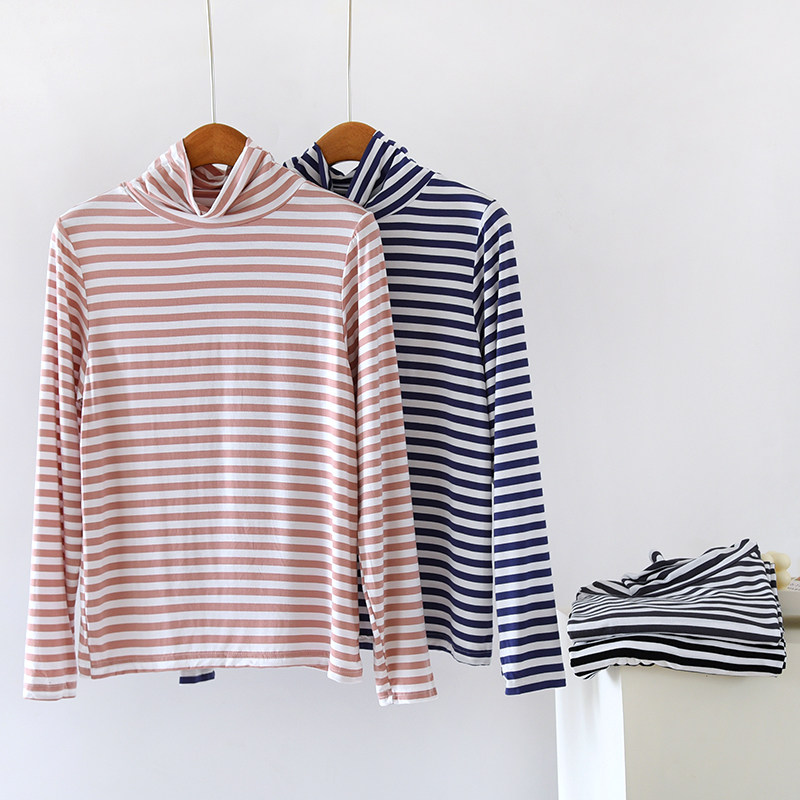莫代尔条纹半高领打底衫长袖上衣女韩版修身显瘦内搭T恤女秋冬季,女士内衣/男士内衣/家居服,吊带/背心/T恤/打底/肌底衣,淘宝优惠券,粉丝福利购,淘宝优惠卷