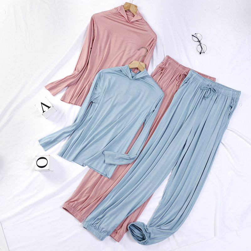 3春夏睡衣家居服莫代尔半高领堆堆领长袖束脚长裤纯色百搭两件套女