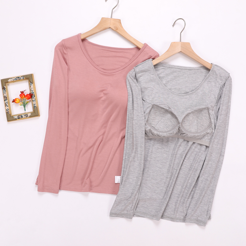 睡衣女春夏带胸垫长袖文胸罩杯