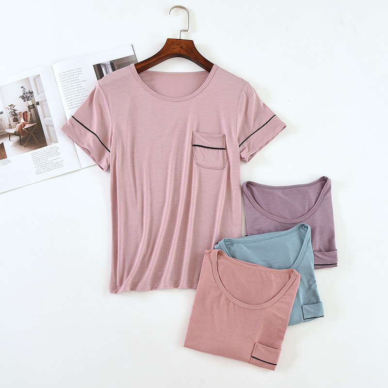 심플한 일본식 여성 모달 반팔 잠옷 홈웨어 탑 루즈하고 다재다능하며 캐주얼하고 야외에서 착용 가능 여성 여름