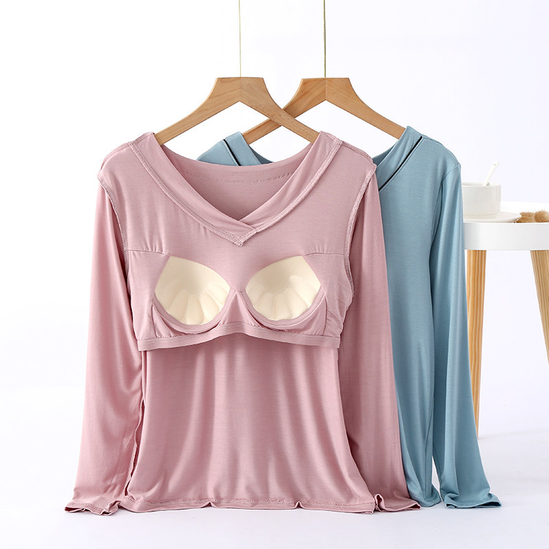 여성용 모달패딩 긴팔 티셔츠 브라프리 브이넥 파자마 홈웨어 상의 캐주얼 가을 야외에서도 착용 가능