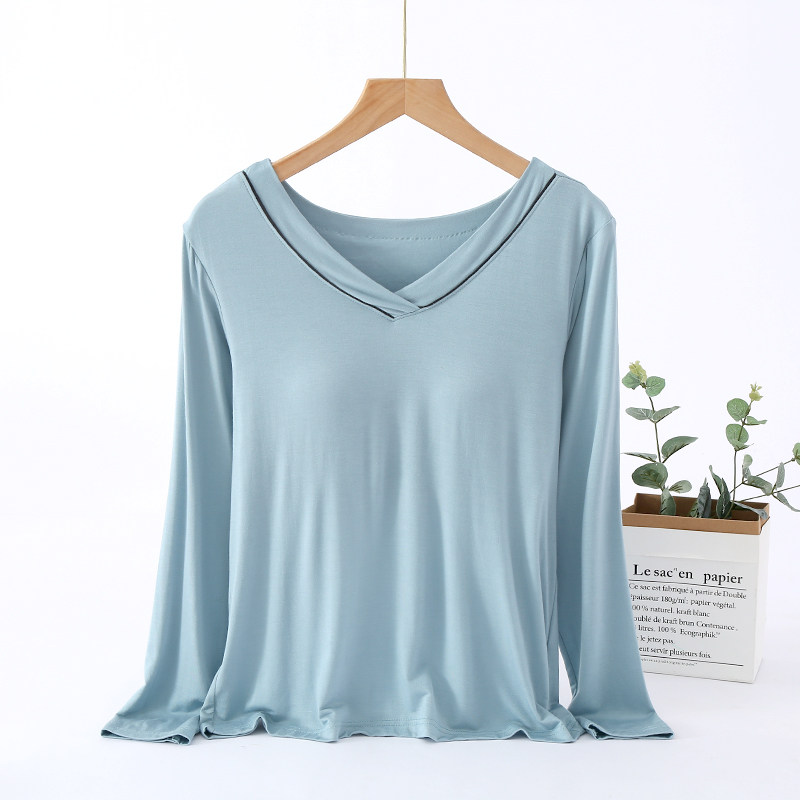 여성용 모달패딩 긴팔 티셔츠 브라프리 브이넥 파자마 홈웨어 상의 캐주얼 가을 야외에서도 착용 가능