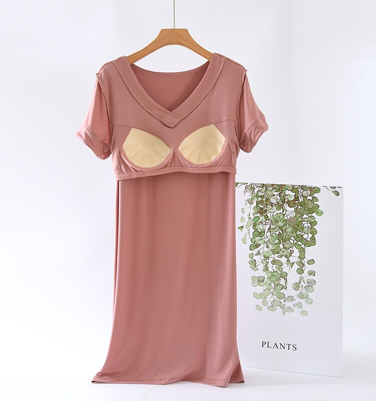여성용 가슴 패드 잠옷 여름용 얇은 브라 프리 잠옷 모달 아이스 실크 루즈 대형 반팔 브이넥 홈복