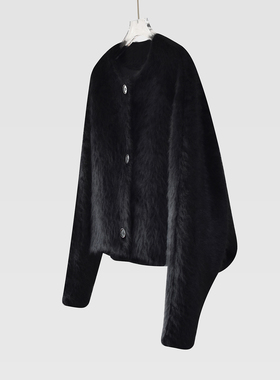 意大利黑色千金风 兔毛外套羊毛呢大衣女秋冬短款廓形高级感气质C