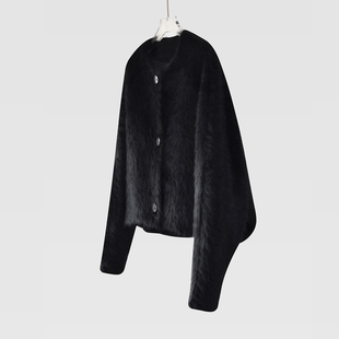 意大利黑色千金风 兔毛外套羊毛呢大衣女秋冬短款廓形高级感气质C