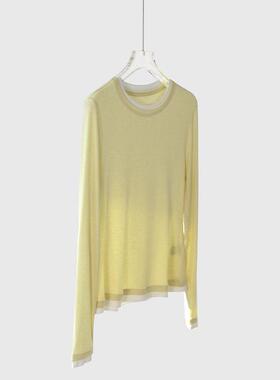 太舒服 假两件莱赛尔天丝羊毛长袖T恤女打底衫春秋冬撞色宽松上衣