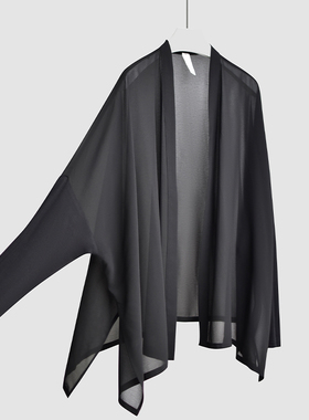 100%真丝防晒开衫外套女夏薄款黑色宽松桑蚕丝披肩外搭慵懒风大码