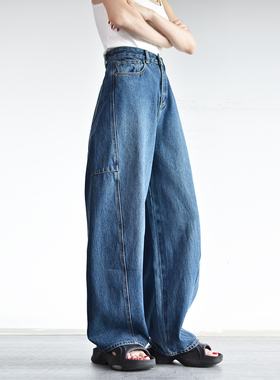 新品减30~进口茧型牛仔裤女春秋弯刀裤日系宽松bf慵懒风高腰复古C