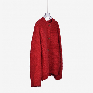 新年安哥拉红色国风毛衣女秋冬大棒针大肚纱针织开衫外套