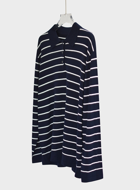 美式复古桑蚕丝山羊绒毛衣条纹polo衫女春秋轻薄宽松针织毛衣撞色