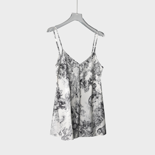 新品 水墨丛林动物印花重磅100%真丝桑蚕丝吊带背心女V领内搭 减30