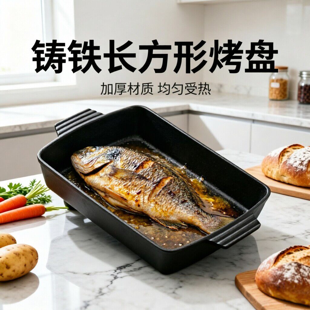 铸铁烤鱼煎肉方盘 家用平底无涂层煎锅长方形牛排煎盘 不粘烤鱼锅