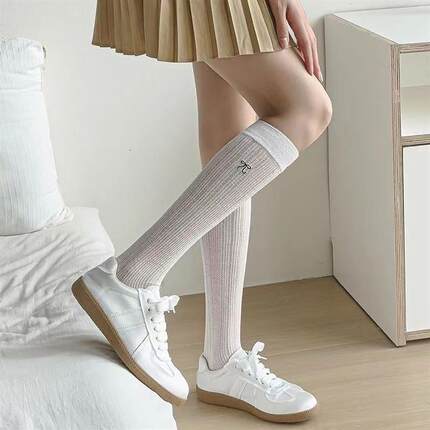 蝴蝶结白色小腿袜子女长袜ins潮夏季款网眼镂空日系jk堆堆袜子女