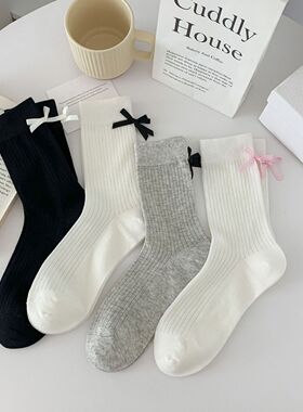 白色袜子女夏季薄款蝴蝶结中筒堆堆袜春秋款搭配小皮鞋乐福鞋夏天