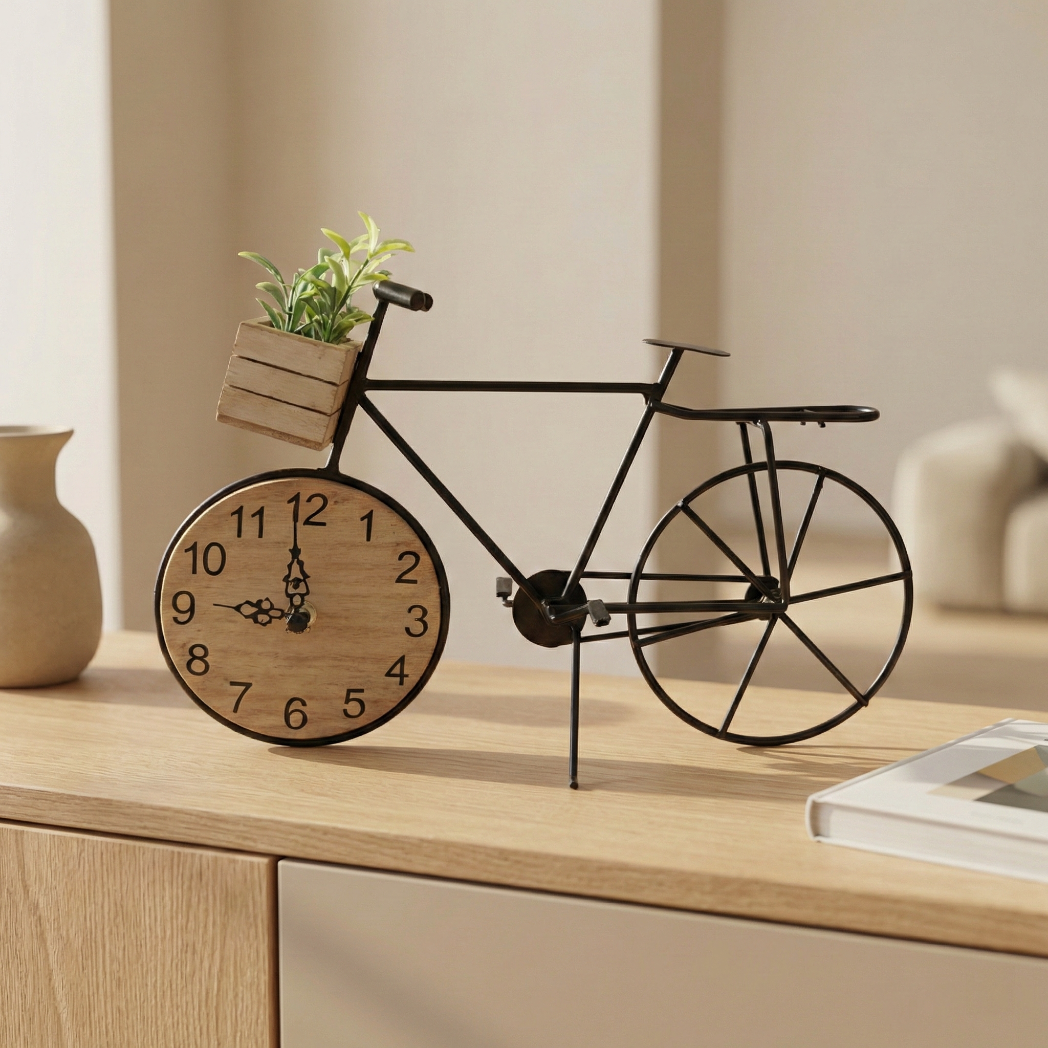 铁艺自行车时钟摆件桌面钟表创意床头钟饰客厅玄关电视柜装饰小钟