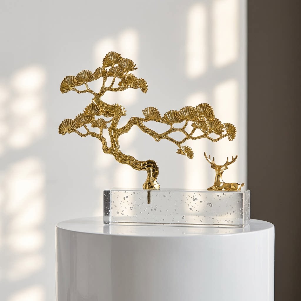 金色银杏树小鹿桌面摆件金属工艺品家居装饰品静域疗愈风