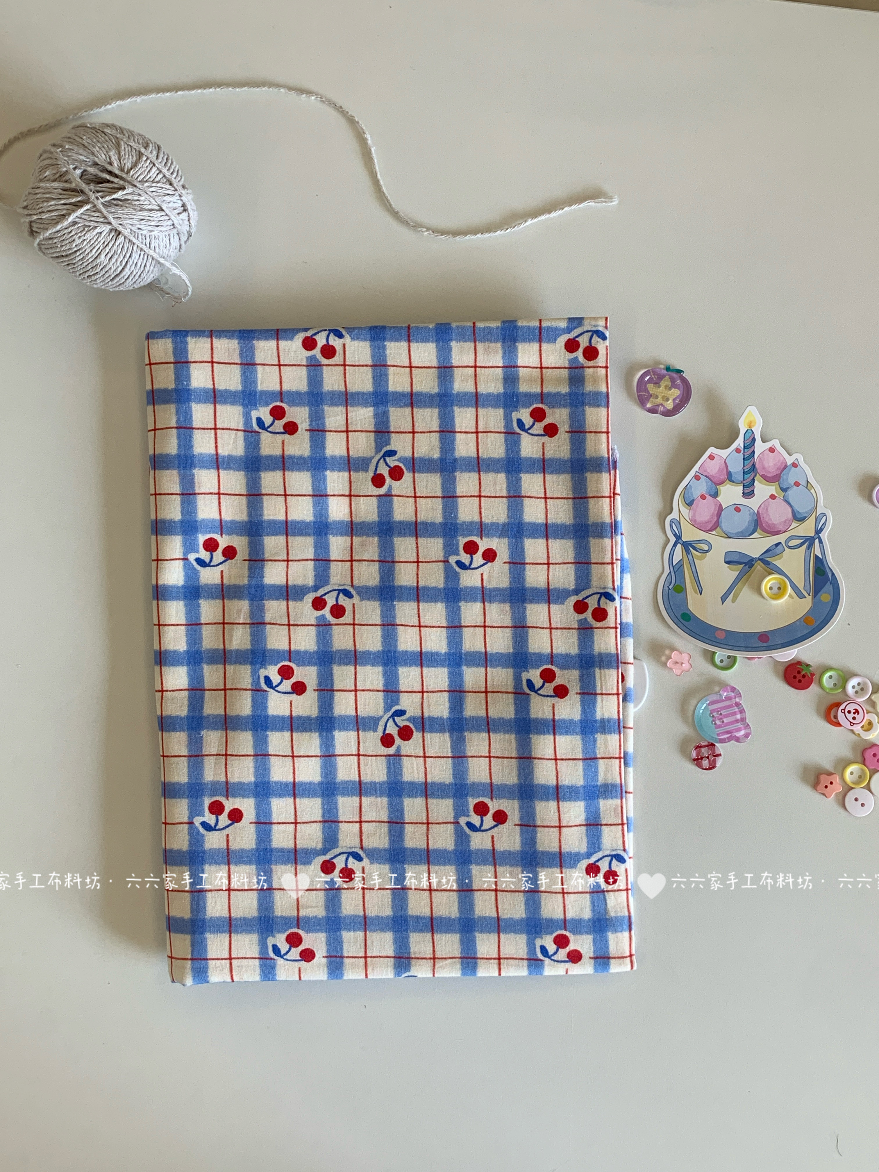 全棉40支印花春夏布料可爱蓝格子樱桃布料面料家居服发饰童装diy