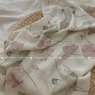 天丝麻印花面料新中式复古风国风荷塘月色连衣裙女装旗袍布料