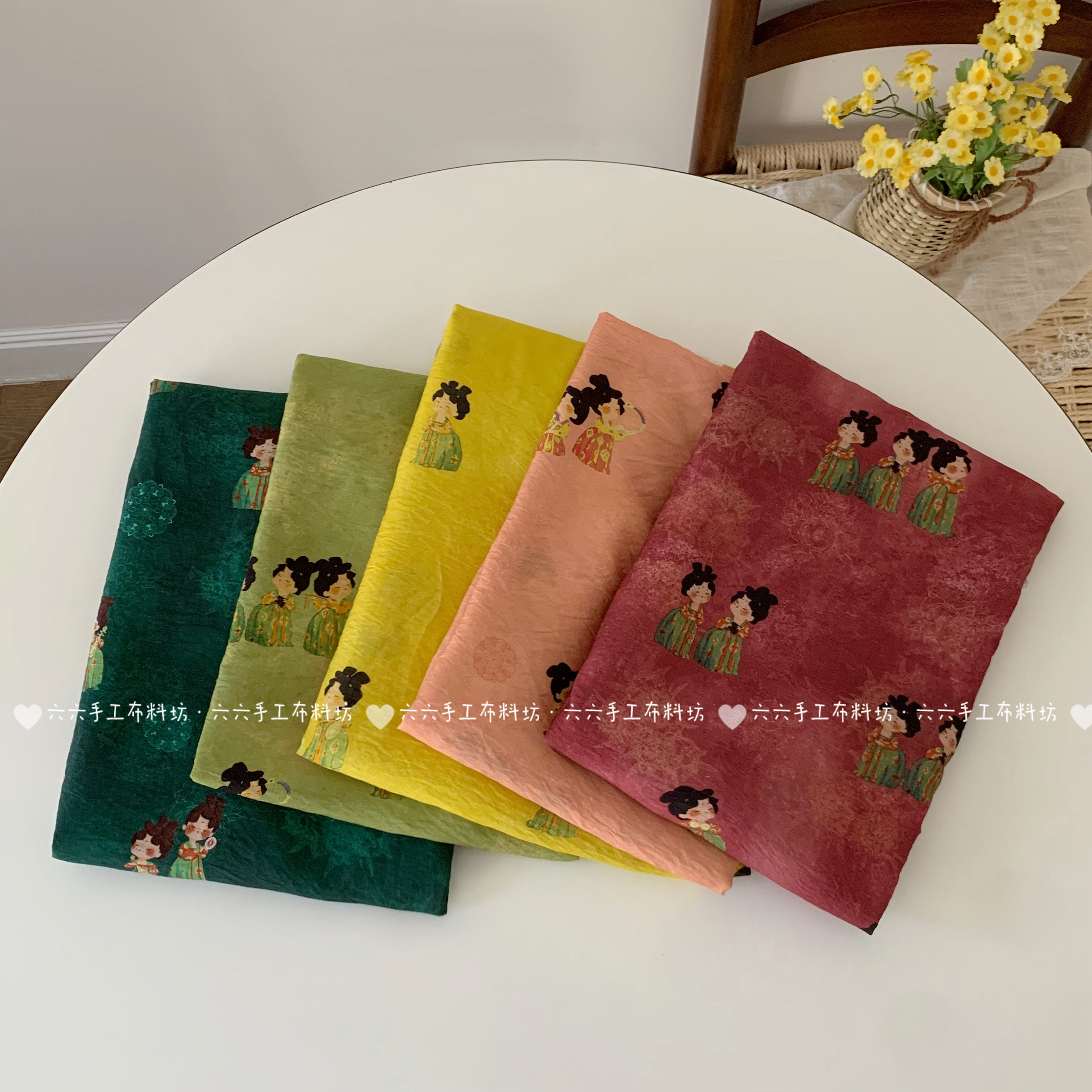 天丝麻印花面料仕女图新中式复古风国风碎花连衣裙女装旗袍布料图片