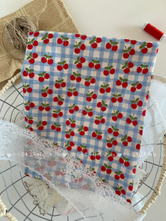 发饰包包手作diy布料 全棉40支印花布复古清新蓝格樱桃森系服装