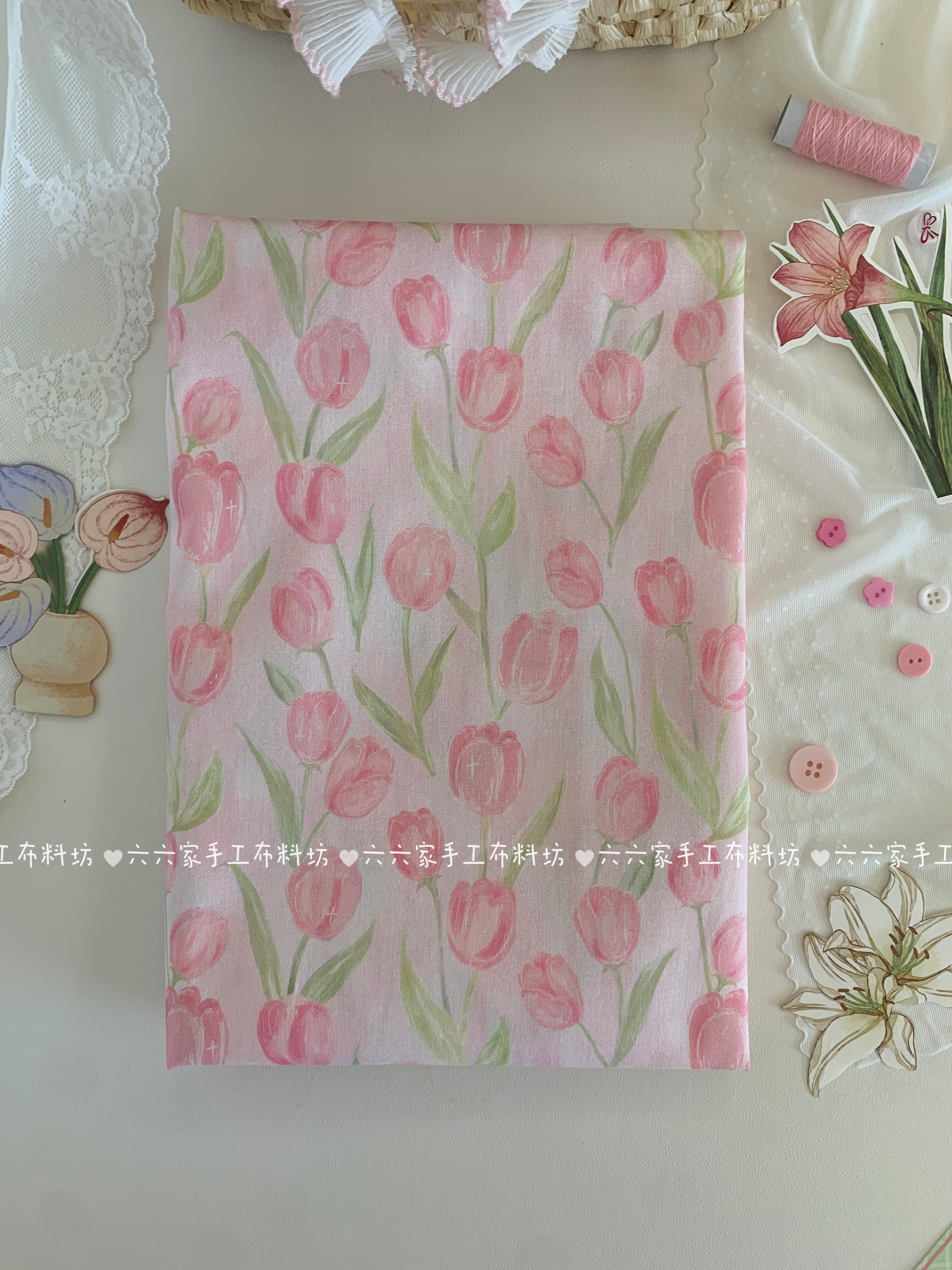 全棉40支印花面料少女心清新郁金香花花服装发饰包包手工diy布料
