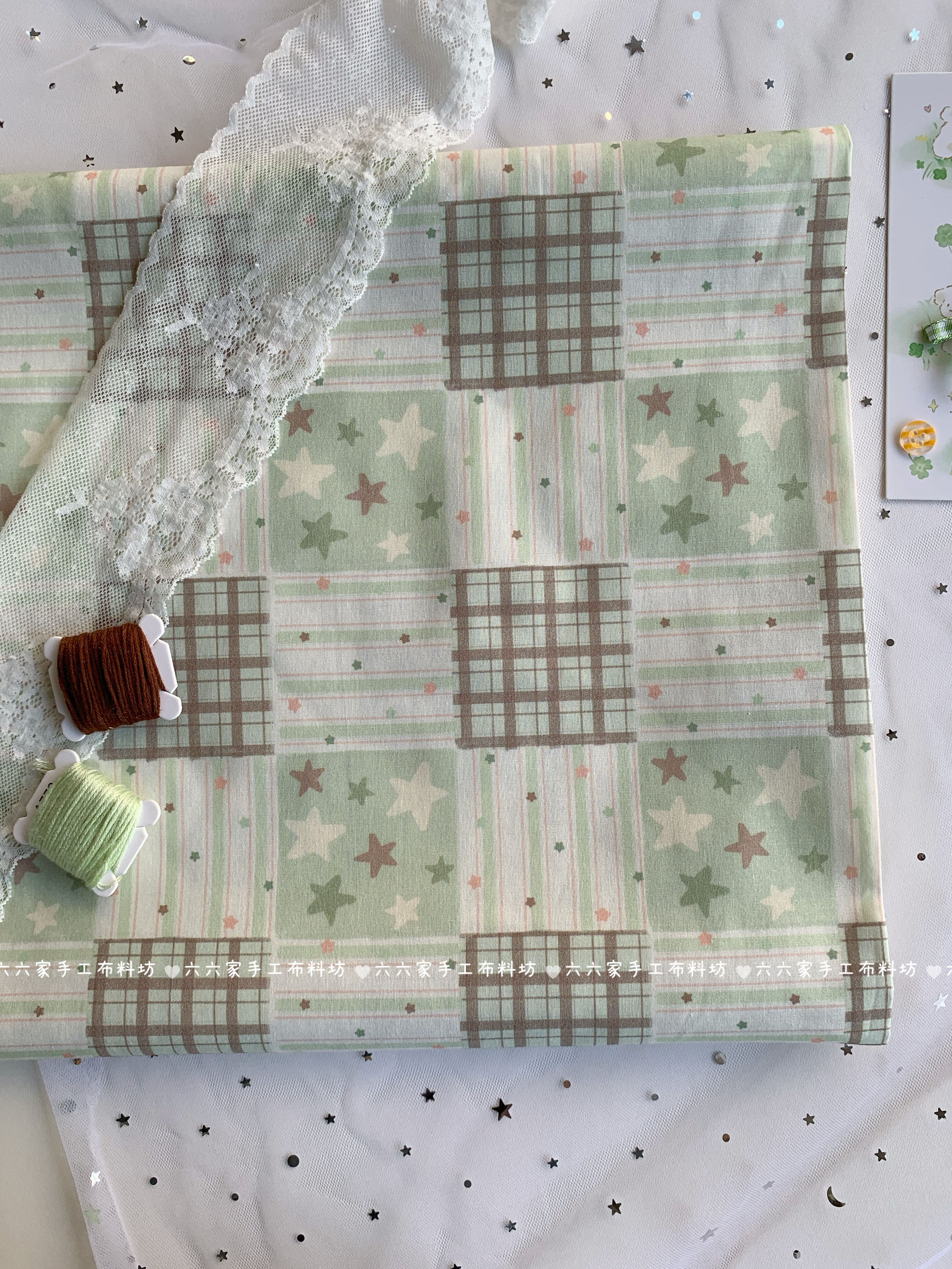 全棉40支印花布料ins格子拼接星星条纹服装发饰包发圈手工diy面料
