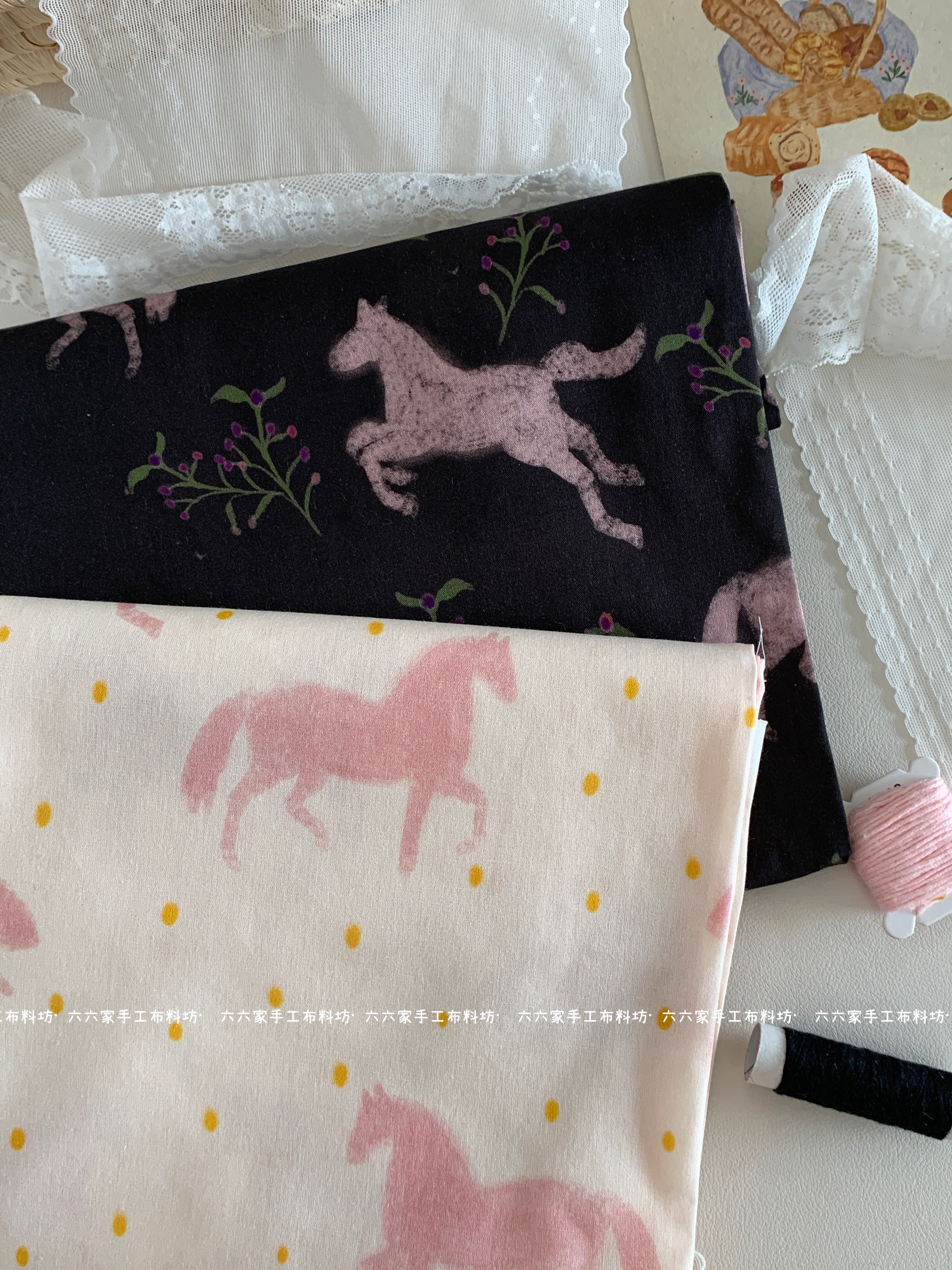 全棉40支印花布2026新款可爱小马涂鸦风服装发饰包包手工diy布料