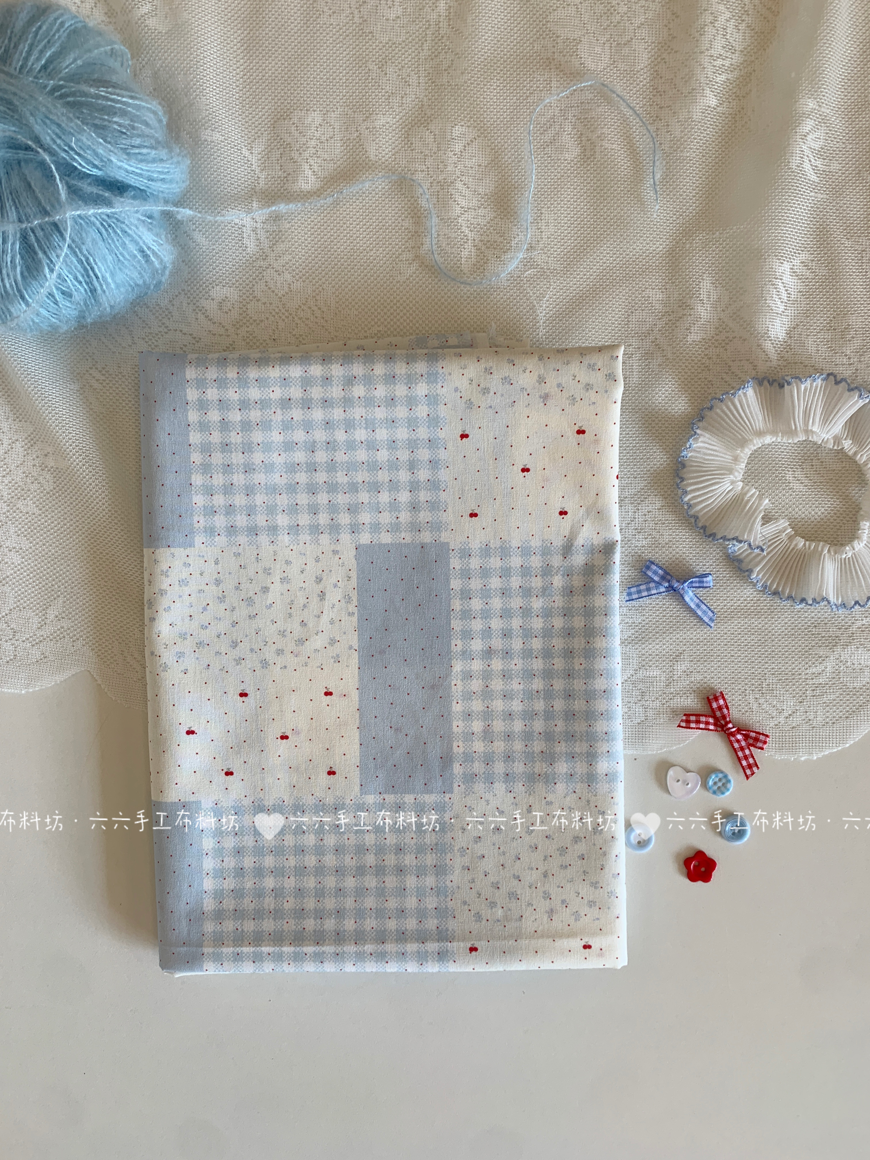 全棉40支印花布蓝格子碎花小樱桃拼布家居服发饰童装布diy布料