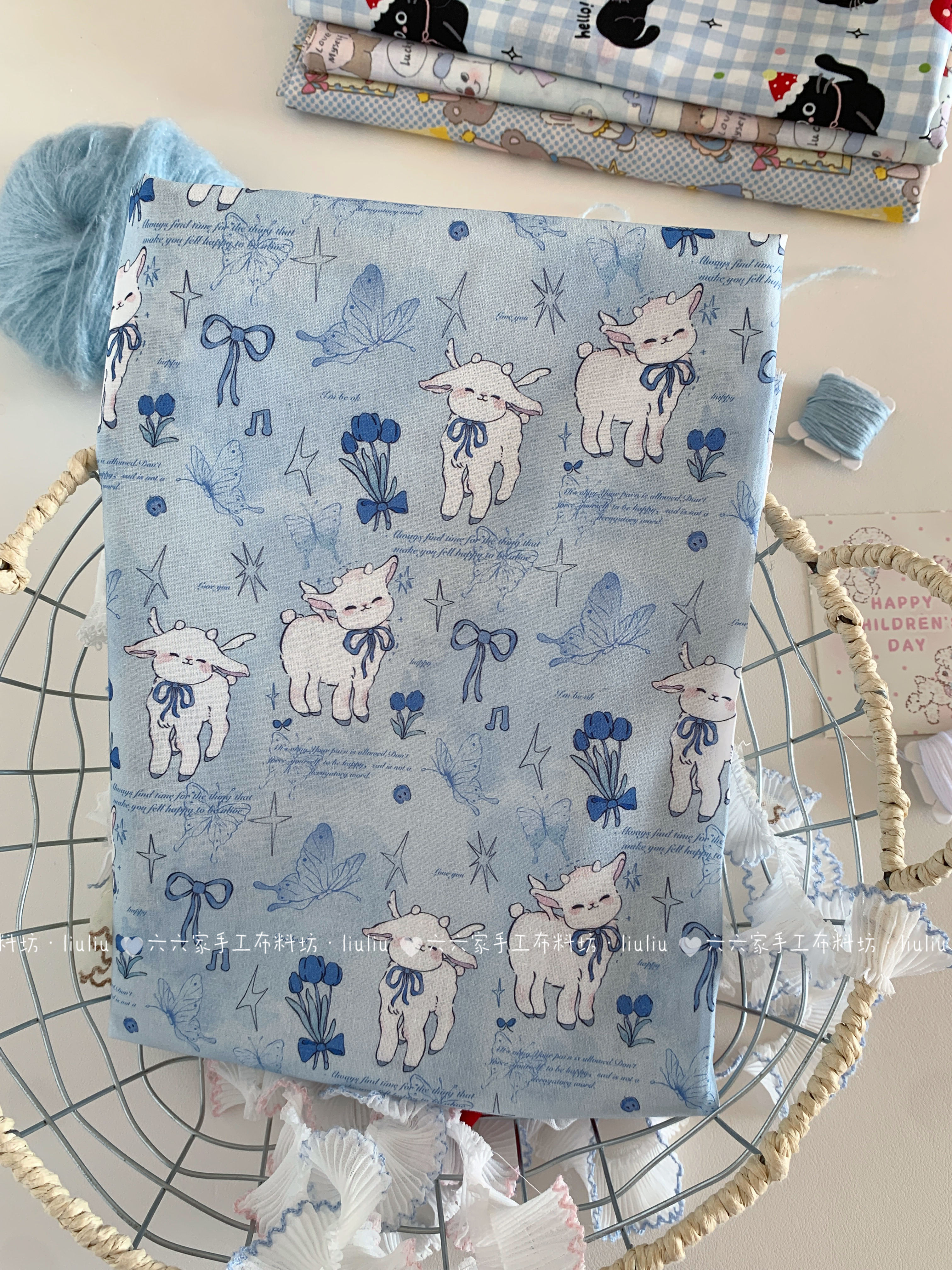 全棉40支印花布可爱卡通设计感蝴蝶小羊服装发饰包包手工diy布料