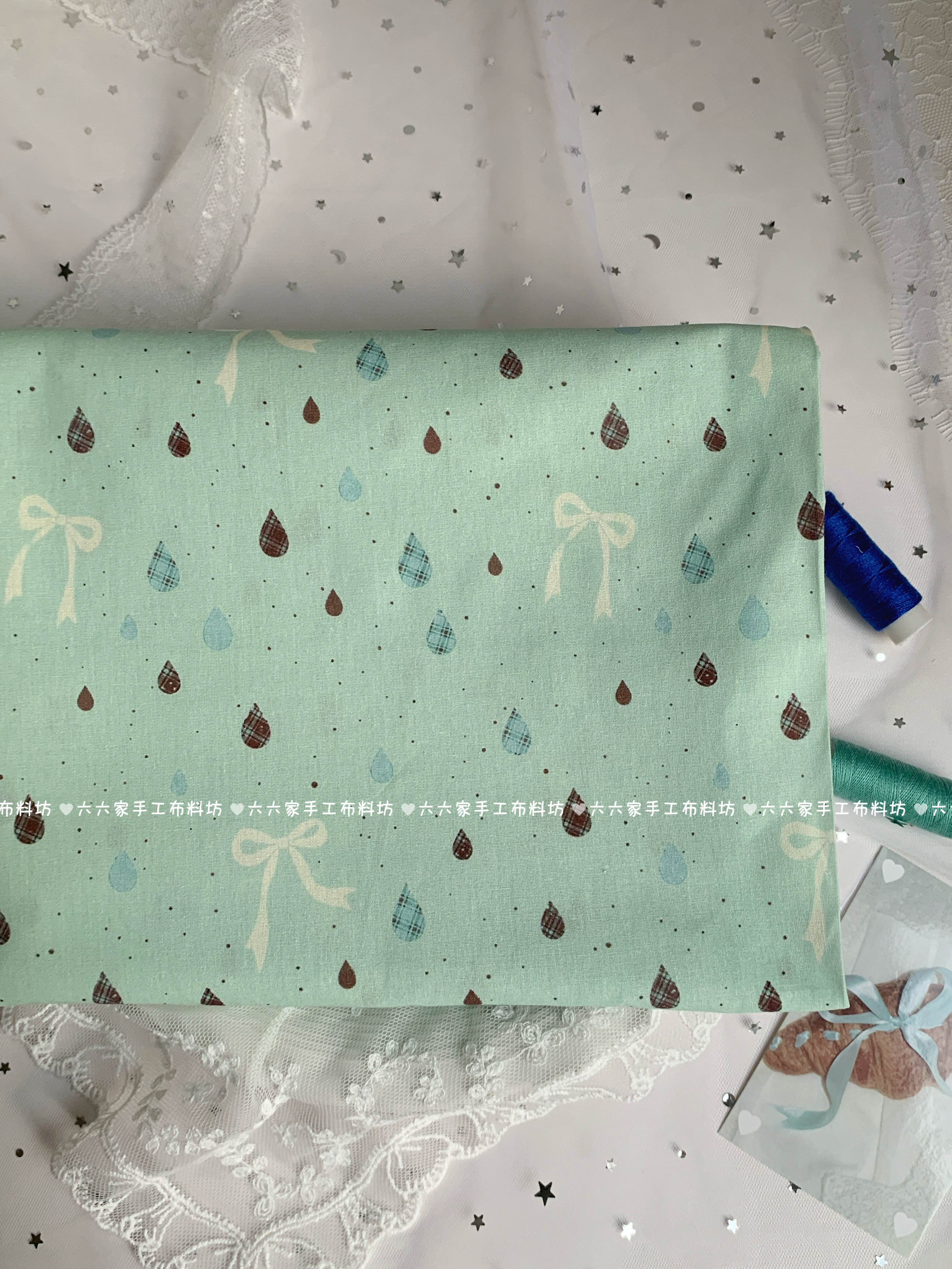 全棉40支印花面料ins薄荷生巧雨滴蝴蝶结服装发圈发饰包手工diy布