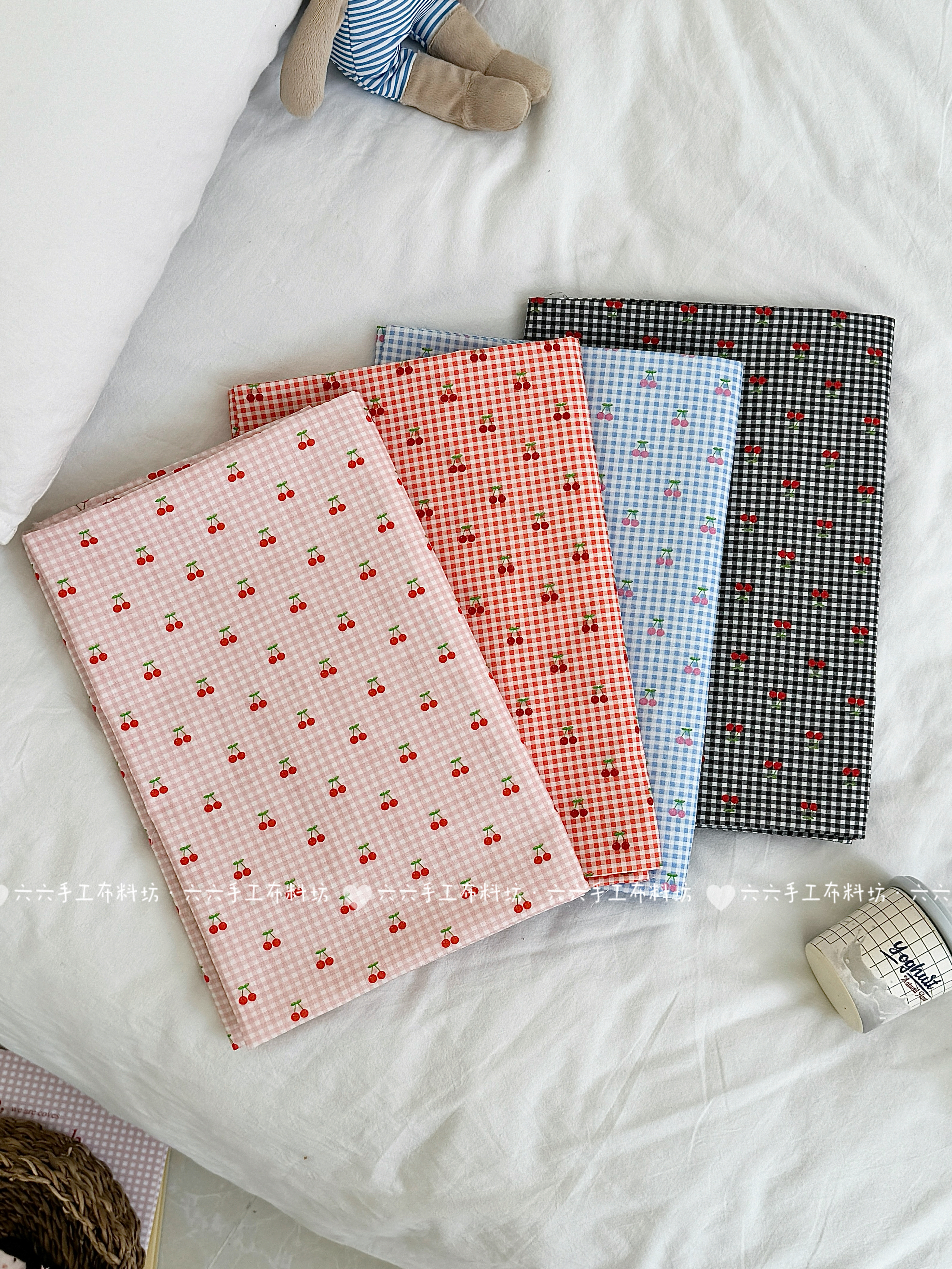 全棉60支印花布料韩系百搭清新格子樱桃家居服发饰童装包包diy布