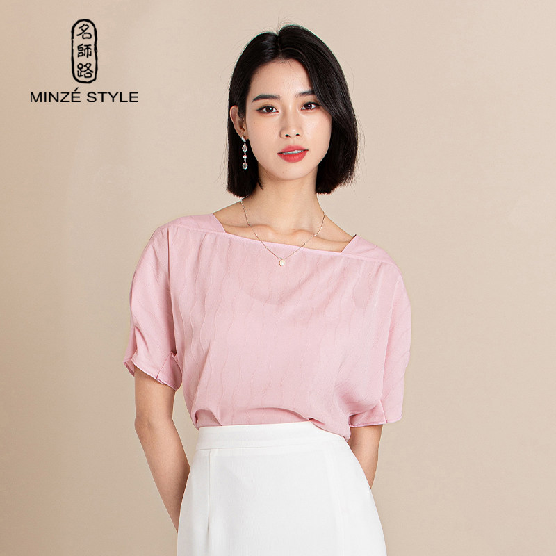 MINZE STYLE/名师路夏装清新甜美减龄一字领连肩五分袖衬衫