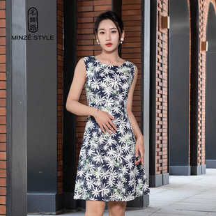 無袖 棉麻印花圓領中腰碎花中腰 2024新款 名師路a字連衣裙女夏季