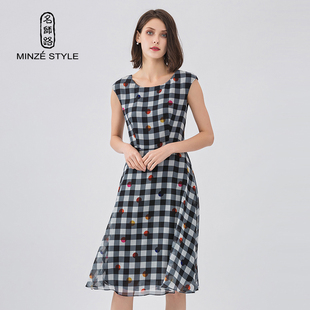 名师路女装夏装新款白底黑条格子彩色波点短袖圆领雪纺连衣裙