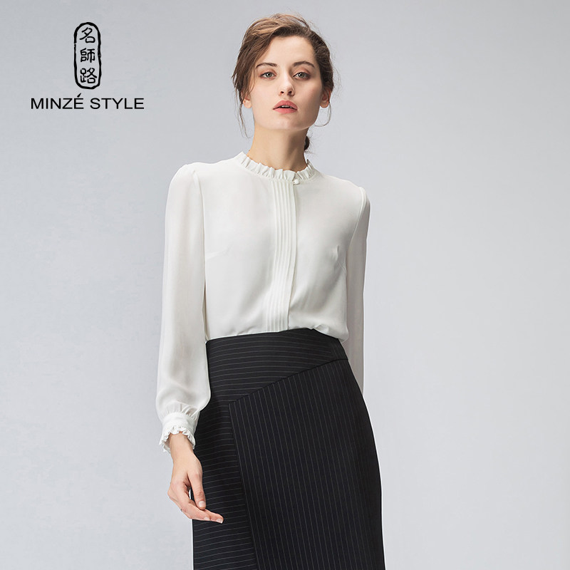 名师路春秋长袖上衣2021年新款女雪纺白色衬衫女设计感小众不易皱
