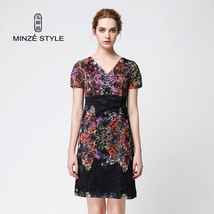 MINZE STYLE/名师路新品夏款女装蕾丝花色V领职业范连衣裙