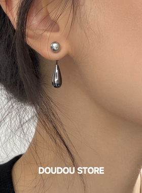 DOUDOUSTORE 925银针暗黑超酷黑色水滴耳环耳钉极简金属气质百搭