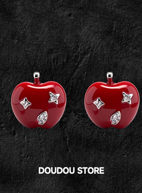 DOUDOUSTORE 925银针酒红色滴釉苹果新年可爱耳钉女2026新款日韩