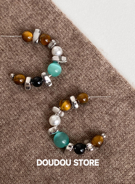 DOUDOUSTORE925银针撞色天然石碎银子耳圈c形耳环女新中式复古秋