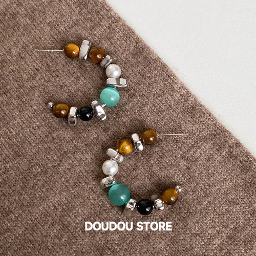 doudoustore虎眼石撞色c形耳环