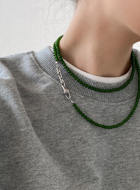 DOUDOUSTORE 保色新中式绿玉髓拼接马蹄扣项链显白长款颈链锁骨链