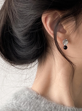 DOUDOUSTORE925银针黑灰凹片黑色控潮酷耳钉小众简约个性耳环耳饰