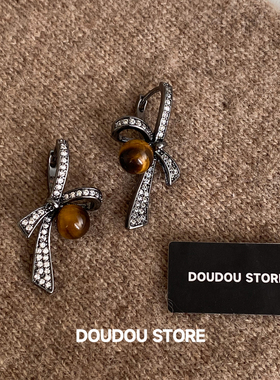DOUDOUSTORE 925银针洋气黑色蝴蝶结天然虎眼石镶钻精致耳环女