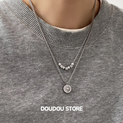 DOUDOUSTORE保色双层四芒星几何珍珠蛇骨链女简约银色项链百搭款