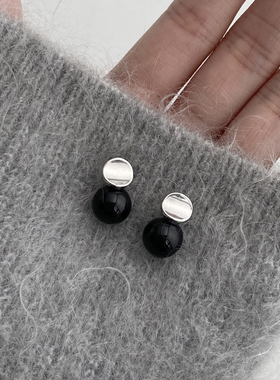 DOUDOUSTORE黑色控925银针设计感金属黑灰黑玛瑙耳钉个性耳环耳饰