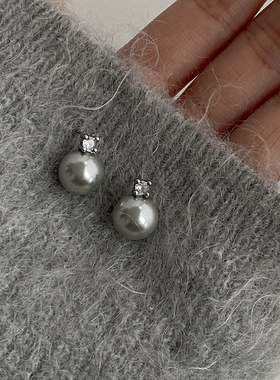 DOUDOUSTORE 小灰豆925银针小众闪钻灰色珍珠耳钉女简单耳环耳饰