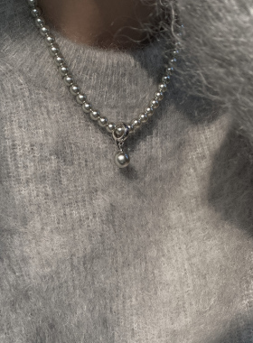DOUDOUSTORE42cm清冷灰色珍珠项链女吊坠可拆卸秋冬毛衣链锁骨链
