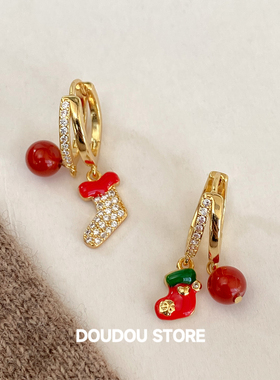 DOUDOUSTORE 圣诞节新款耳扣设计感新品红色耳环氛围感耳饰金色女