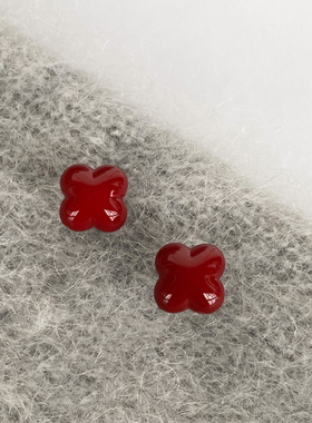 DOUDOUSTORE925银针安克拉红酒红色四叶草耳钉氛围感洋气百搭耳环